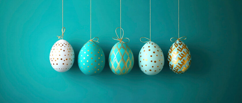 easter celebration holiday greeting card, hanging decorated colorful easter eggs, isolated on turquoise background