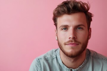 Fototapeta premium Portrait of a Young Man with Curly Hair Against a Soft Pink Background