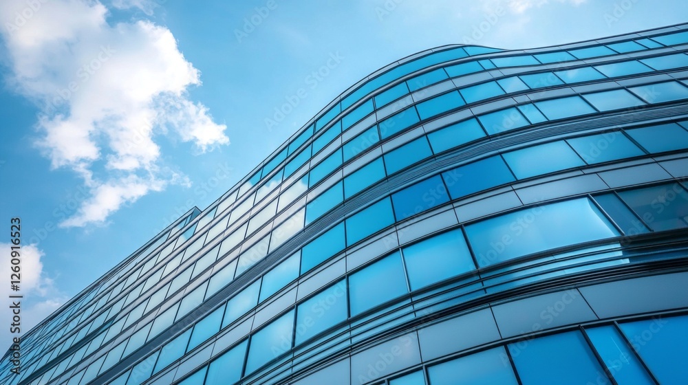 Poster curved glass architecture rises against a bright blue sky, harmonizing with fluffy clouds. the desig