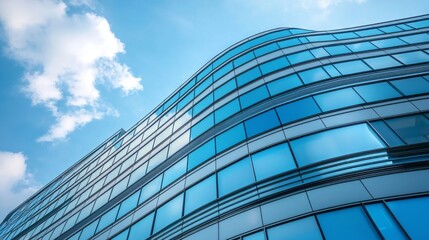 Obraz premium Curved glass architecture rises against a bright blue sky, harmonizing with fluffy clouds. The design showcases fluid lines and modern aesthetics, inviting admiration and inspiration