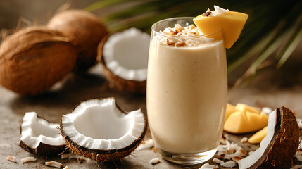 Refreshing tropical beverage, creamy coconut drink with a mango wedge and toasted flakes as garnish.
