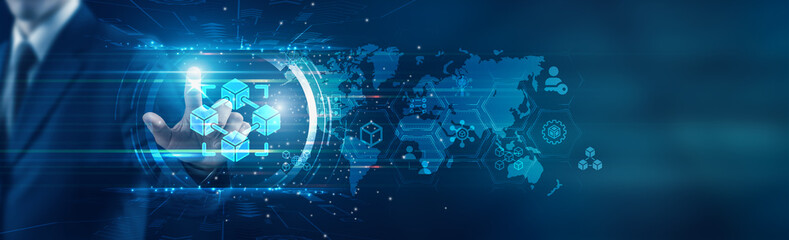 Blockchain. Businessman touching icon and exploring the potential of blockchain technology, revolutionizing industries with decentralized solutions and secure transactions.