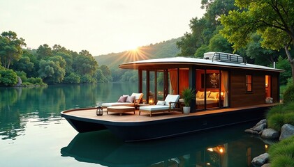 A luxurious houseboat moored to the river's edge with comfortable furniture and modern amenities, river, water
