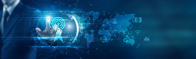 Businessman touching icon and exploring advanced telecommunications solutions, enhancing global connectivity, streamlining communication networks, optimizing data transmission, improving engagement.