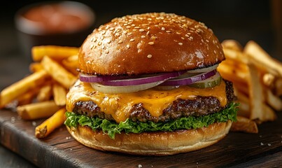 A delicious hamburger with all the fixings on a wooden board with fries on the side ready to be eaten