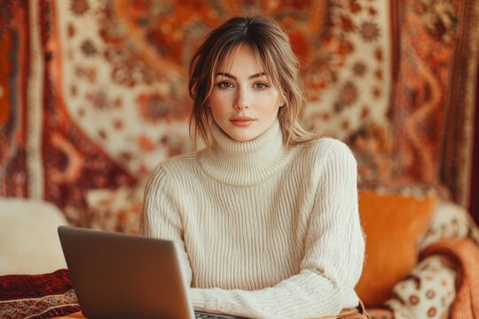 Young woman in a cream turtleneck sweater uses a laptop, sitting on a cozy couch in a room with an autumnal tapestry.