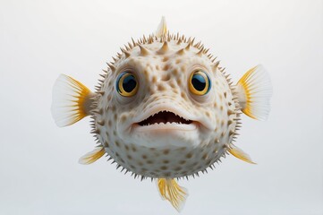 Close-up of a curious pufferfish with large eyes and yellow fins against a white background.