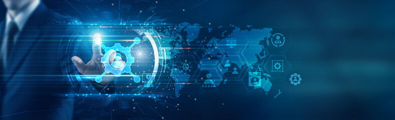 Businessman touching icon and network administration, data management, system integration, IT security, cloud services, technical support, infrastructure optimization, connectivity solutions.