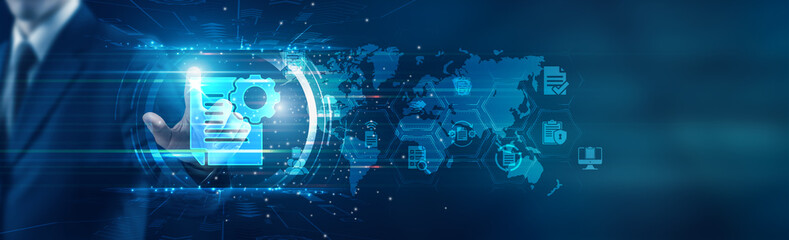 Document Management. Businessman touching icon and streamlining efficient document management processes, enhancing productivity, and ensuring secure data storage.