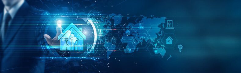 Smart Home. Businessman touching icon and exploring the future of connected living with Smart Home technology, enhancing convenience, security, and energy efficiency through innovative solutions.