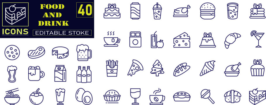 Set of outline icons related to food and drink. Meal, restaurant, dishes, fruits, fastfood, burger, pizza, coffee, sandwich