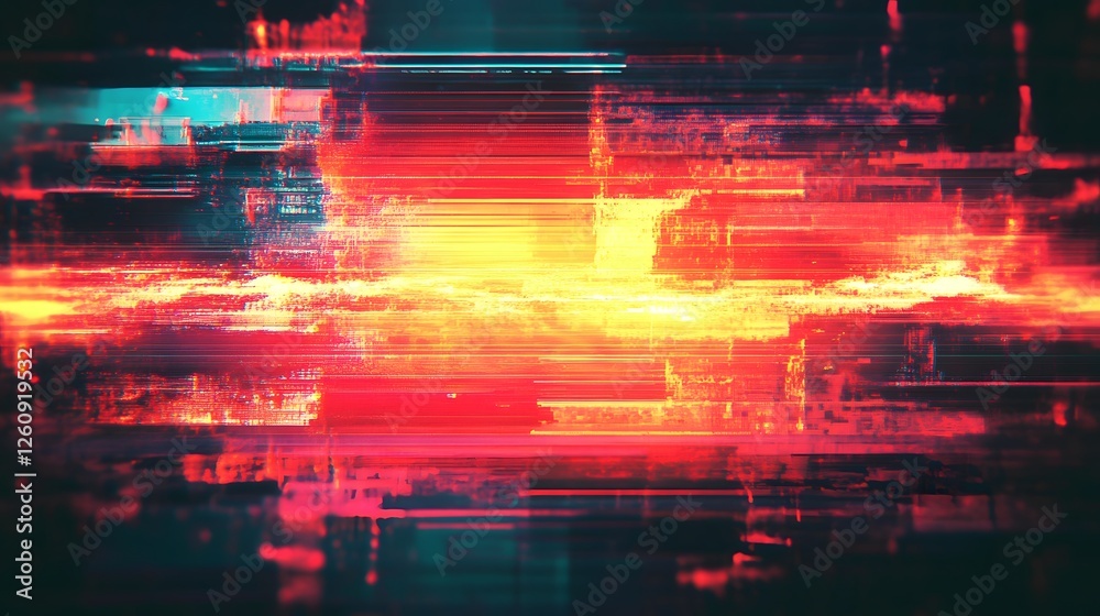 Poster Vibrant and dynamic abstract digital glitch effect with futuristic technological interference and colorful disruptive visual patterns
