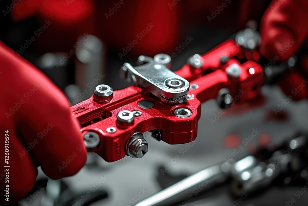 Poster Precision tools in a workshop focus on a detailed red tool held by hands, showcasing craftsmanship and attention to mechanical work