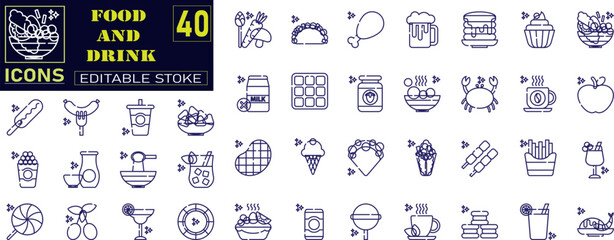 Set of outline icons related to food and drink. Meal, restaurant, dishes, fruits, fastfood, burger, pizza, coffee, sandwich