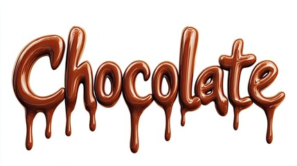 3D typography of the word 'Chocolate' in a glossy, melted chocolate style with chocolate pieces on a white background