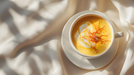 Golden latte artfully garnished with saffron threads, set against a soft, elegant fabric backdrop.