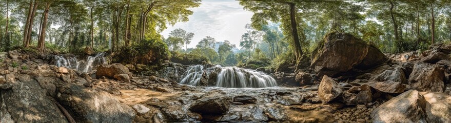 Fototapeta premium A waterfall is surrounded by rocks and trees in a tranquil forest