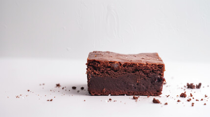Fudgy Chocolate Brownie with Crumbs on White Background