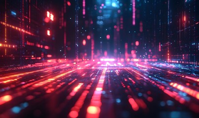 Abstract digital landscape with glowing red and blue lights creating a futuristic feel