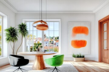 Modern Living Room Design Featuring Abstract Art, Elegant Furniture Arrangement, Natural Light and Relaxing Ambiance