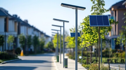 Sustainable living, Solar powered street lights illuminating a neighborhood