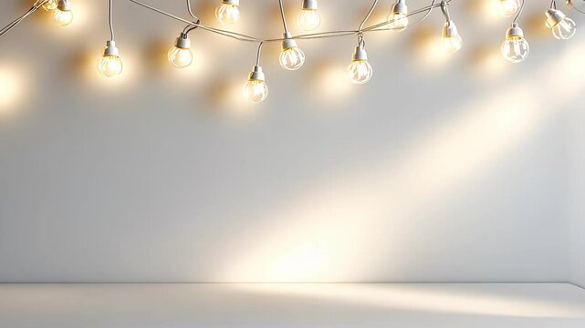 Luminous bulbs hanging from wire, emitting soft glow against white background, generating cozy, dramatic lighting effect Copy space for text video 4k