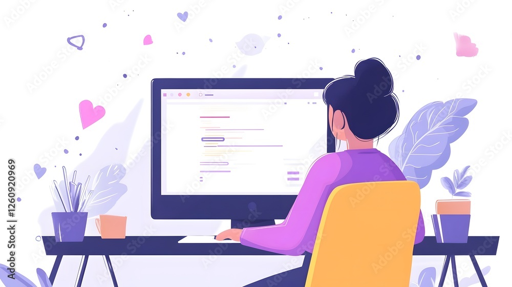 Poster young focused woman working from home at a minimalist desk with a computer and decorative plants rep