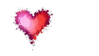 An artistic splatter of red and pink paint in the shape of hearts, with room for text