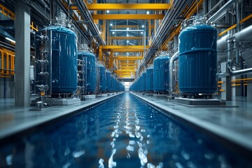 Industrial Water Treatment Plant Rows of Blue Purification Tanks in Modern Facility