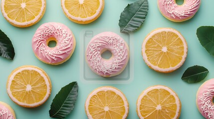 Colorful arrangement of pink-frosted donuts and lemon slices, adorned with green leaves, creating a vibrant and appetizing display.