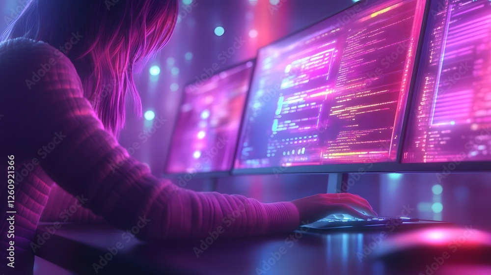 Aufkleber Young Male Computer Programmer or Developer Deeply Focused on Coding and Software Engineering Tasks in a Futuristic Neon Lit Workspace Late at Night