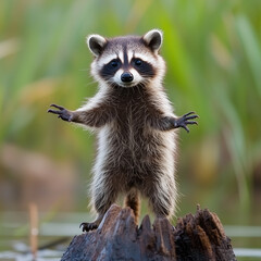Obraz premium Baby raccoon stands on a log. Minimalistic background.