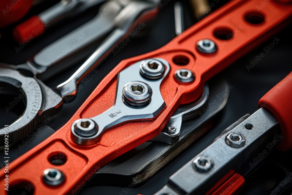 Poster precision tools in a workshop focus on a detailed red tool held by hands, showcasing craftsmanship a