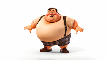 Friendly smiling happy and welcoming overweight man cartoon character standing with open hands on white background
