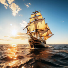 Obraz premium Large ship sails in the ocean with the sun setting in the background. Minimalistic background.