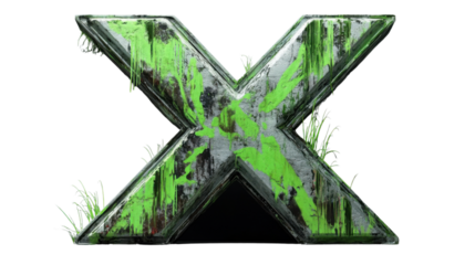 Green paint dripping from metallic letter x with grass on transparent background