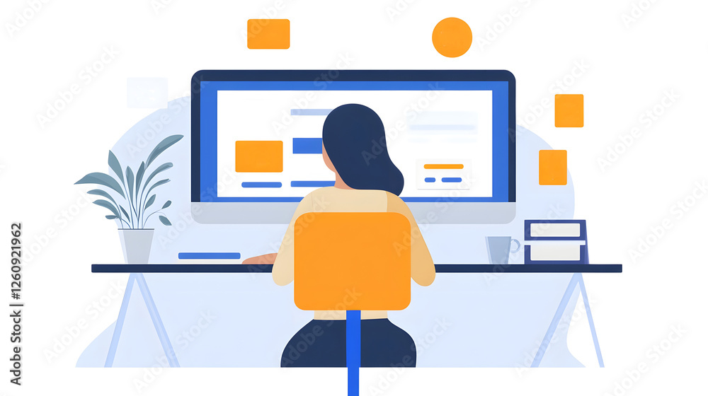Poster young professional person browsing computer and working at a minimalist contemporary desk in a moder