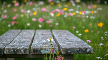Fototapeta premium Wooden bench surrounded by colorful wildflowers in a sunny field during spring