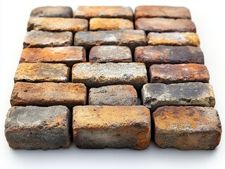 Array of Weathered Bricks: Rustic Stack of Textured Building Materials Displaying Earthy Tones and Aged Character on a Clean, White Background.