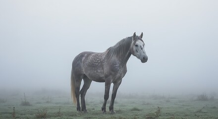 A beautiful dapple gray horse standing in a foggy morning landscape.