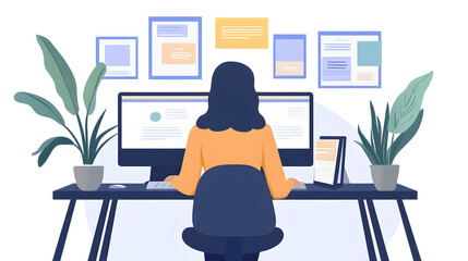 Fototapeta premium Young professional woman working at her desk with laptop computer digital devices and office decor elements like plant and art in a modern minimalist workspace setup