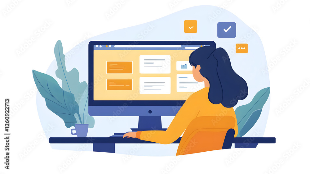 Poster young professional woman working on computer desktop in her office workspace browsing online analyzi