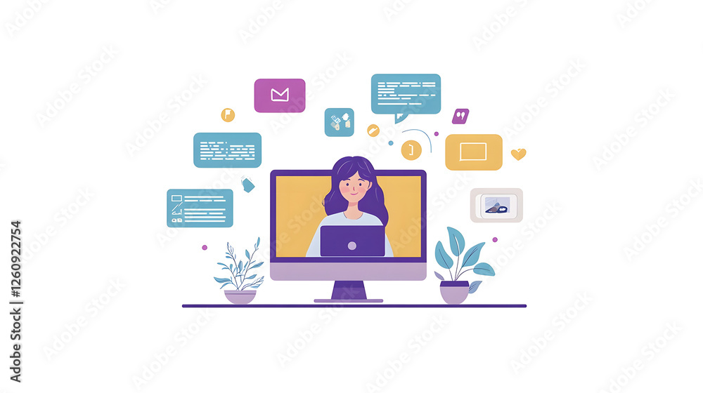 Poster Young professional woman working remotely on computer multitasking between various digital tasks and applications in a modern home office workspace  Illustrating the concept of productivity