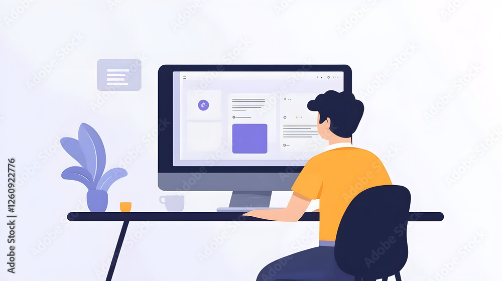Poster young professional working intently on laptop computer in cozy minimalist office workspace filled wi