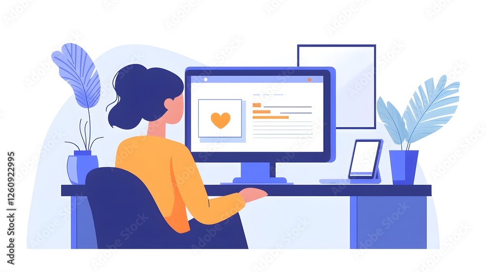 Poster young woman sitting at a desk working remotely on a computer in a cozy and comfortable home office s