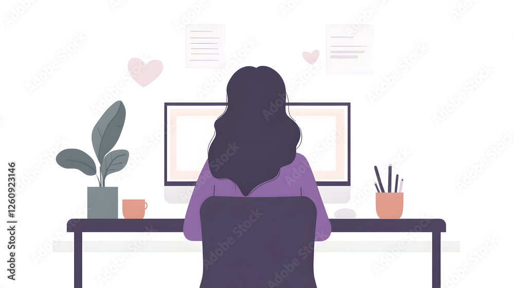 Poster young woman working on computer at her home office desk a remote freelance professional focusing on 