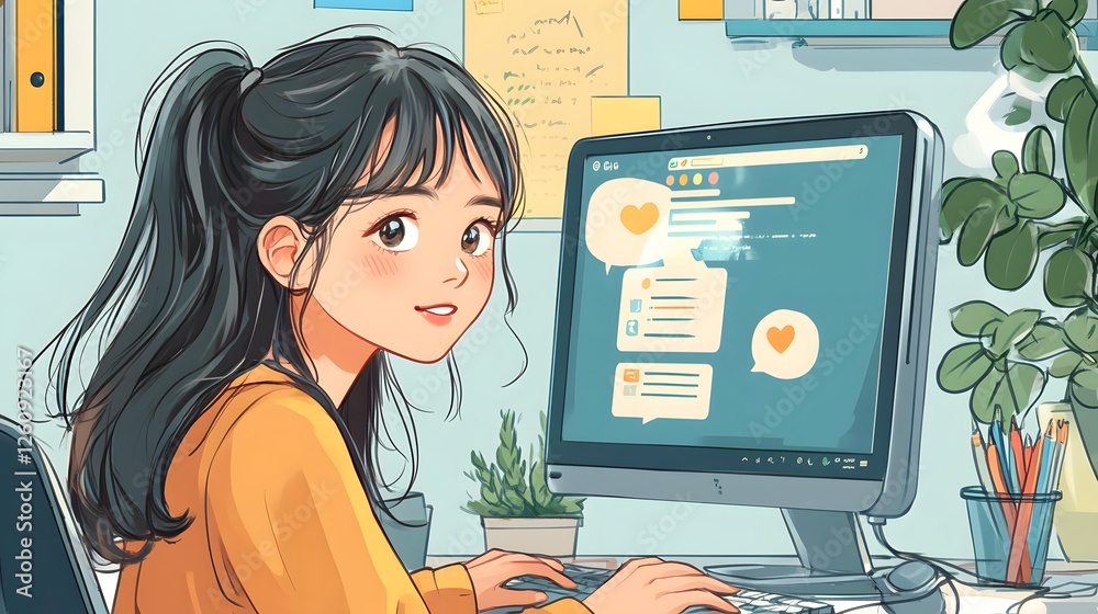 Poster young woman working on computer at cozy home office desk with plants and decor studying or browsing 