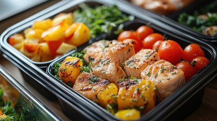 reusable  containers with various pre cooked foods are displayed on a store shelf, 