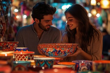 A young couple admires a vibrant, hand-painted ceramic bowl at a bustling night market.