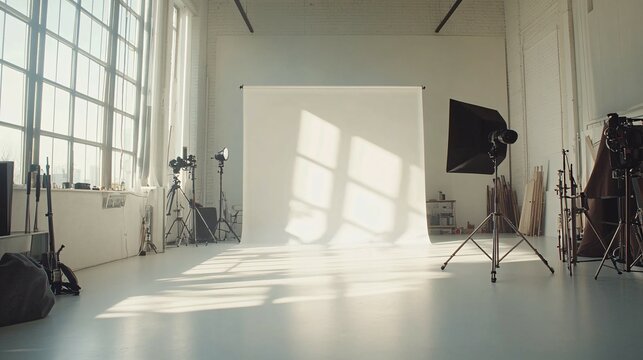 Sunlit Photography Studio with Lighting Equipment Ready